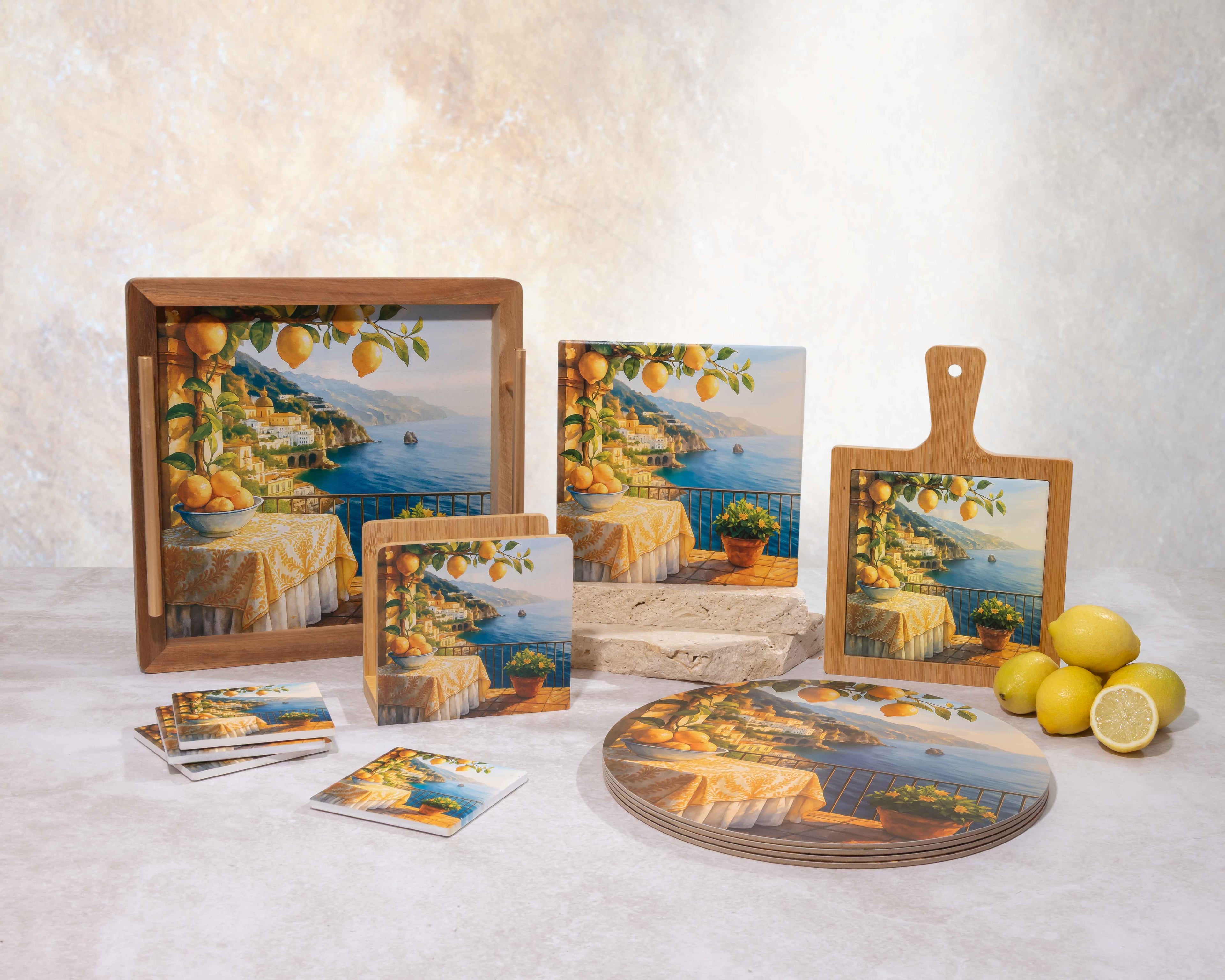 Collection of decorative items with coastal scene design on a white surface.